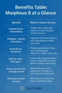 How Often Can I have Morpheus 8? 3 Table showing the benefits of Morpheus 8 treatment from Lipo Sculpt Tyne and Wear